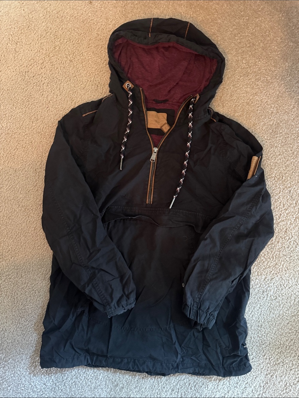 Men's Black Hooded Windbreaker with Maroon Lining